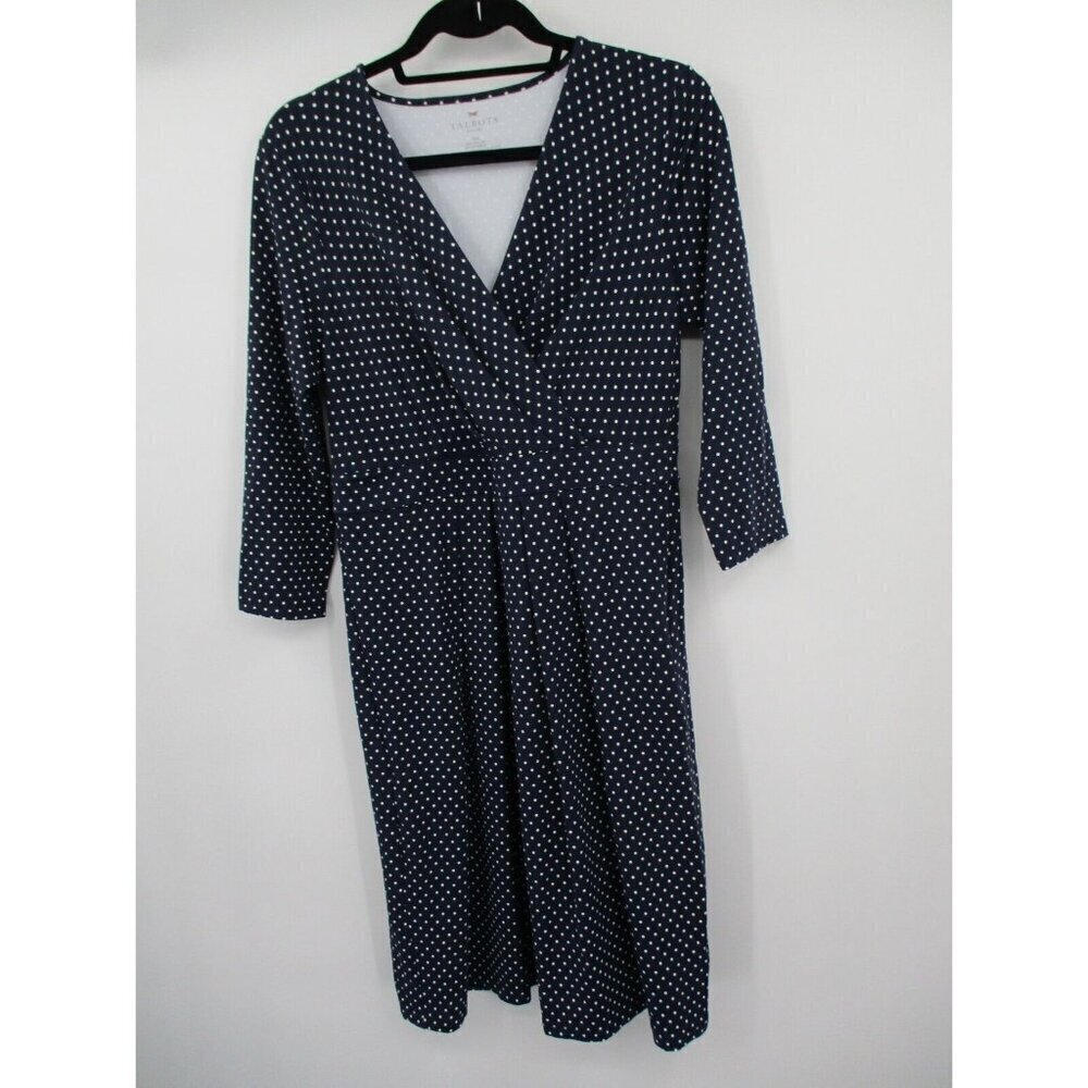 Talbots Womens Dress 10P Petites Blue Navy Polka Dot V Neck Nylon Stretchy Knit - Picture 7 of 16